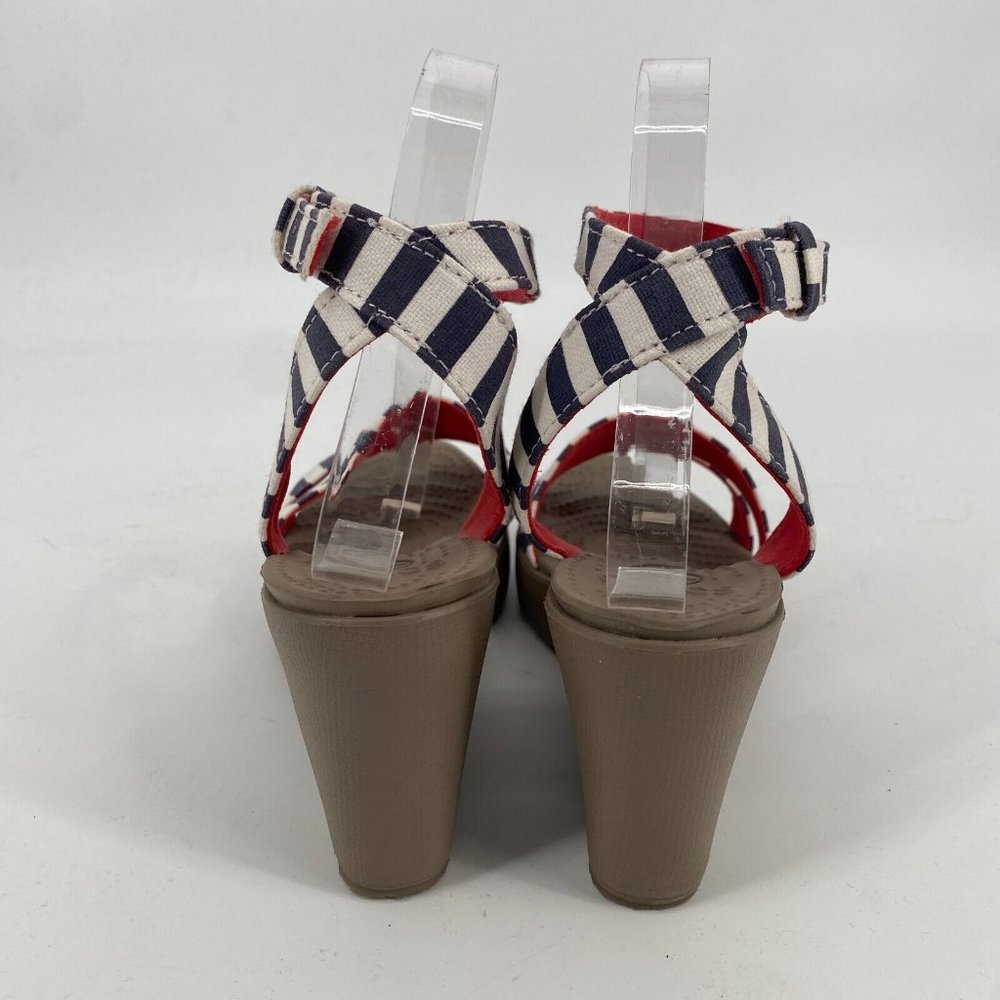 Crocs sandals womens 8 navy striped nautical leigh wedge strappy lightweight - Picture 5 of 7